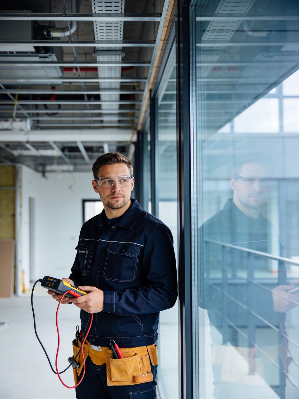 Elektriker von Elektro-BOX mit Messgerät auf einer Hamburger Baustelle
